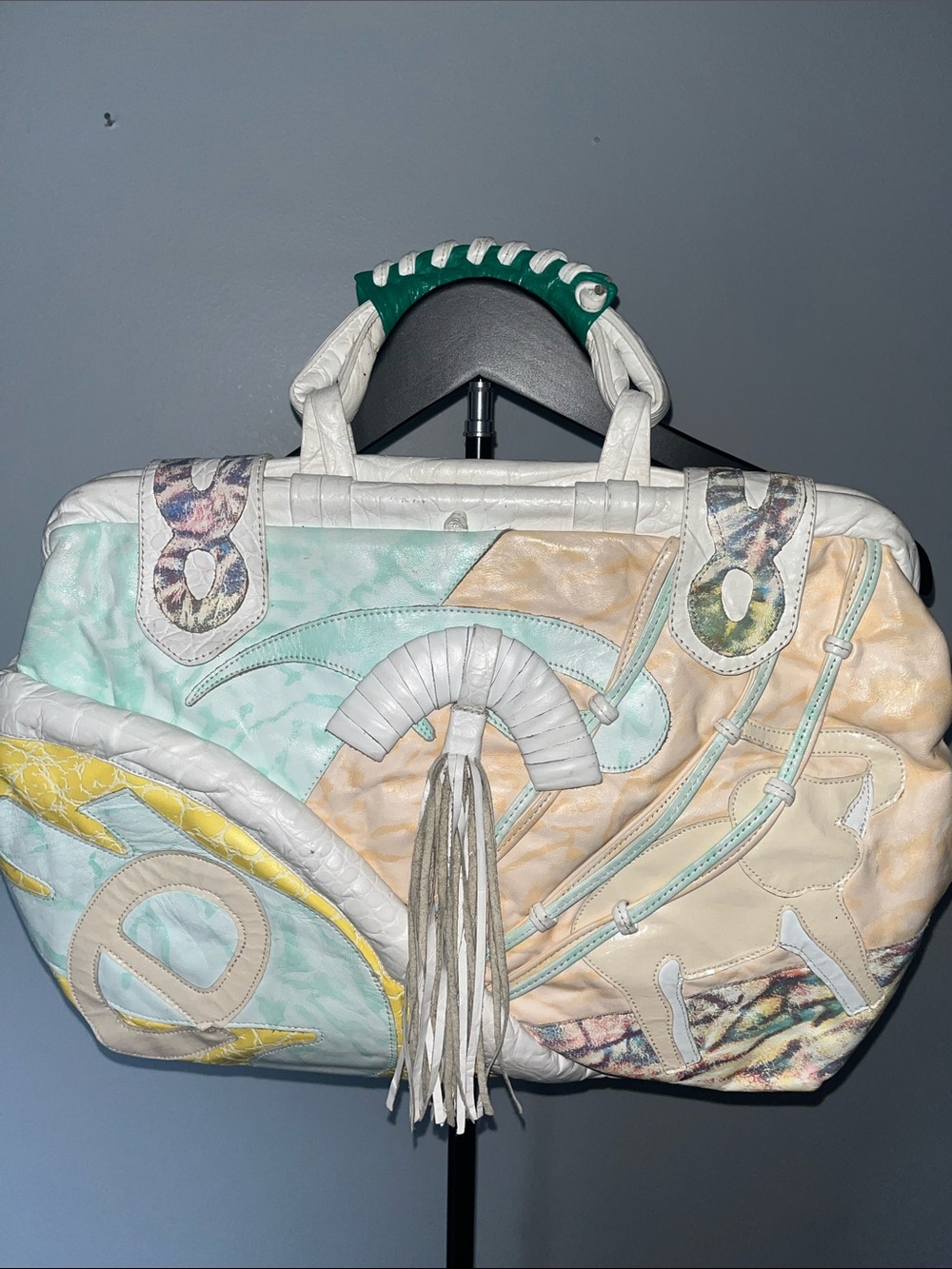 Pastel Multi Patchwork Tassel Satchel - White, Mint & Peach 15”x 12”